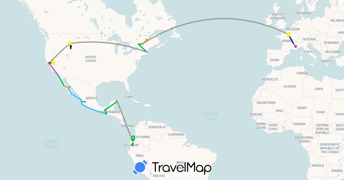 TravelMap itinerary: driving, bus, plane, train, boat, hitchhiking in Canada, Ecuador, France, Mexico, United States (Europe, North America, South America)