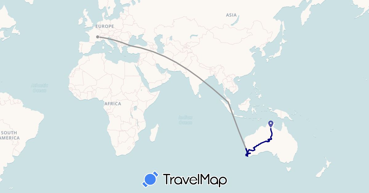 TravelMap itinerary: driving, plane, boat in Australia, France, Malaysia, Turkey (Asia, Europe, Oceania)